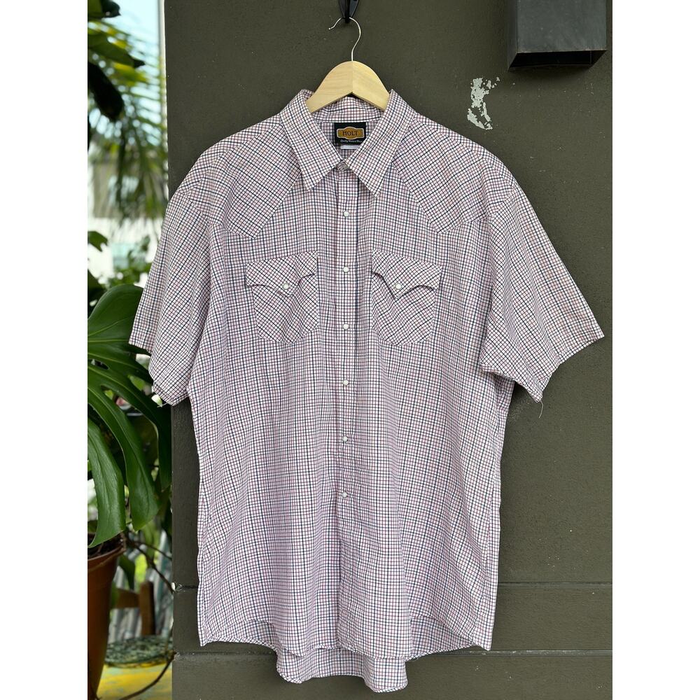 Vintage Holt Men’s XL Western Cowboy Shirt Pink Plaid Short Sleeve Snap Up USA